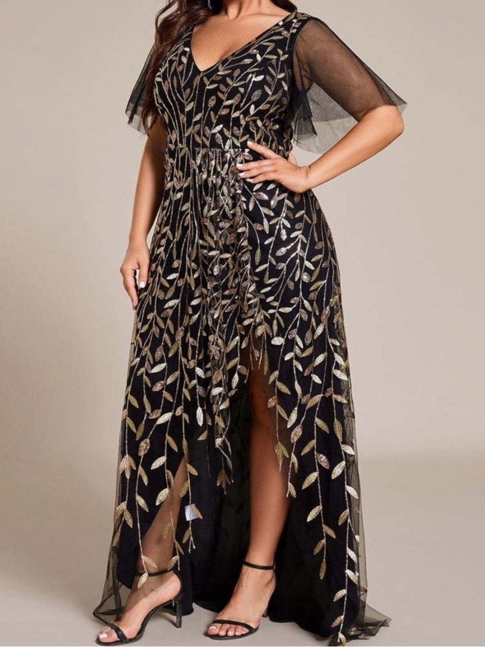 Ever Pretty Alix Black Evening Gown Gold Leaf Sequin Embroidery Size 12